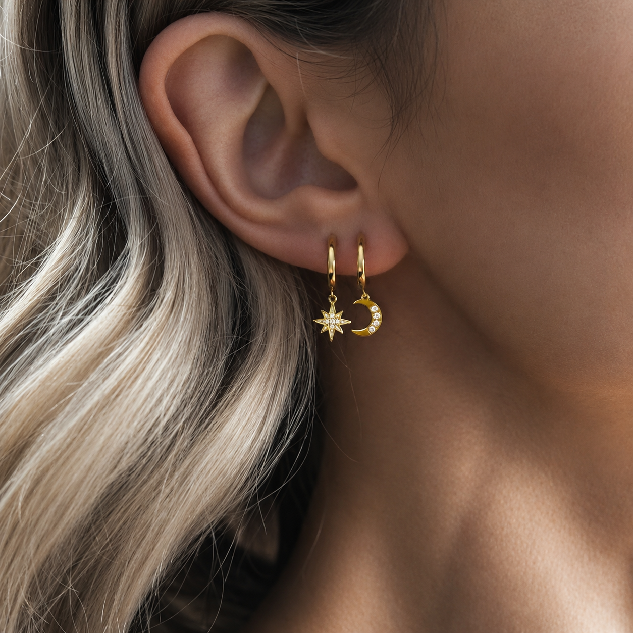 Celestial Star & Moon Hoop Earrings-Earrings-Aureza
