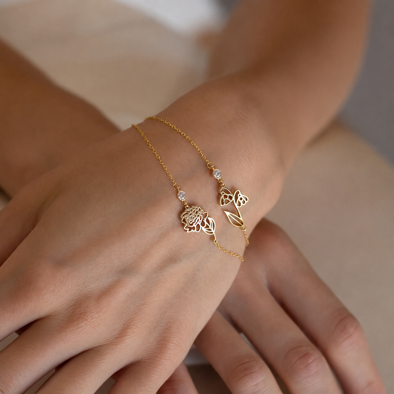 Personalized Birth Flower Bracelet with Birthstone-Bracelets-Aureza