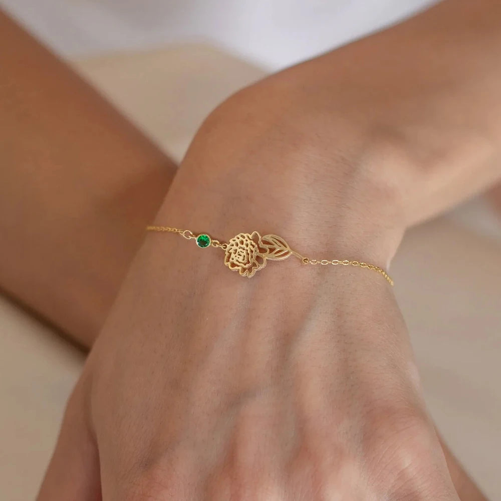 Personalized Birth Flower Bracelet with Birthstone-Bracelets-Aureza