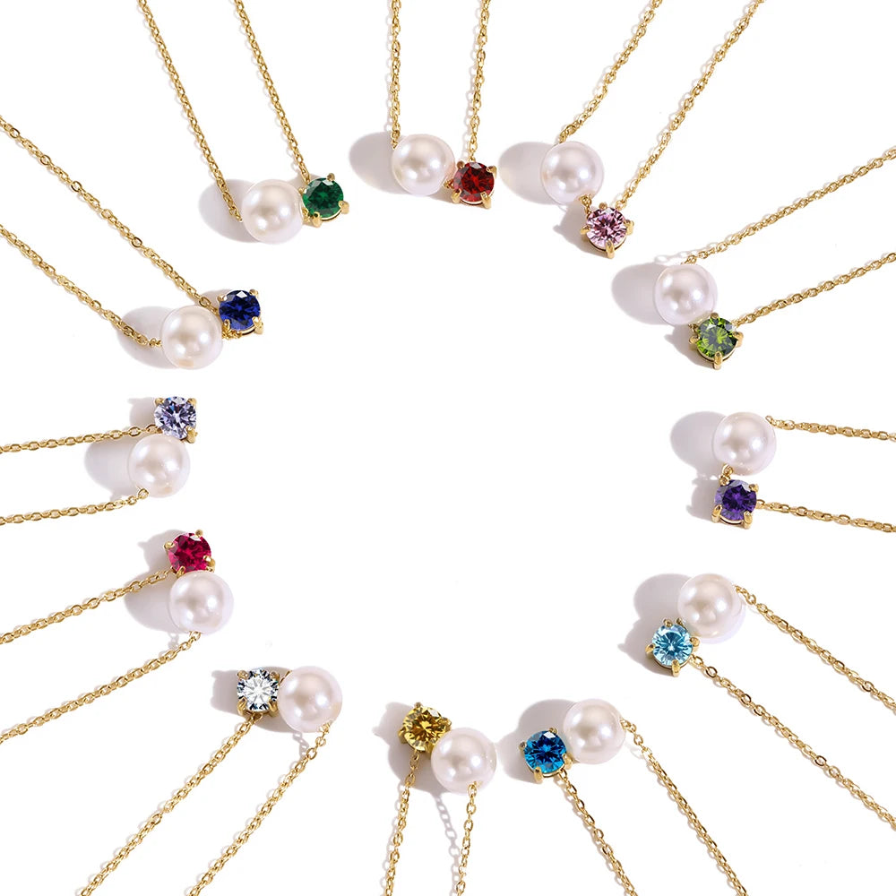 Pearl & Birthstone Necklace-Necklaces-Aureza