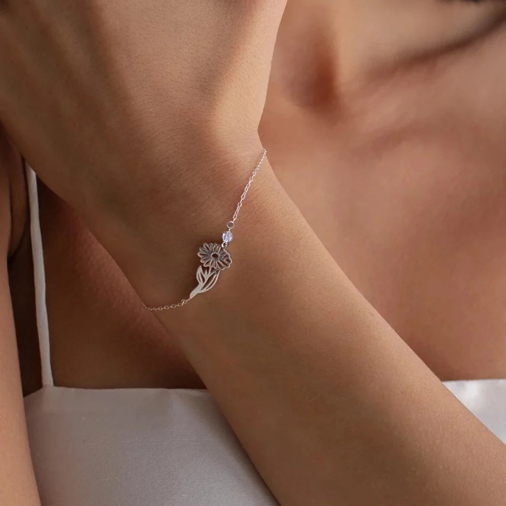 Personalized Birth Flower Bracelet with Birthstone-Bracelets-Aureza