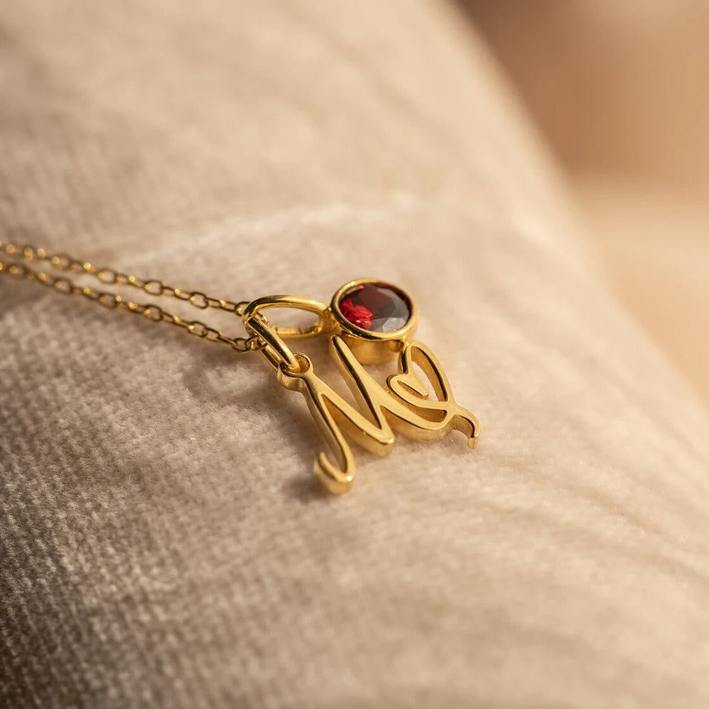 Personalized Initial Birthstone Charm Necklace-Necklaces-Aureza
